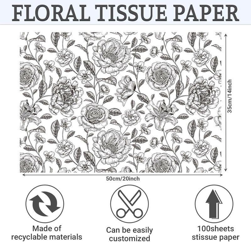 Sanixin 100Sheets Vintage Floral Tissue Paper for Gift Wrapping Retro Spring Flowers Tissue Paper for Gift Bags for Bridal Shower Birthday Party Wedding DIY Craft Supplies, 20 × 14 Inches (Black) - Image 2